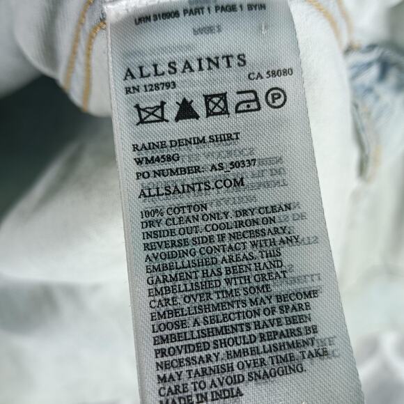 AllSaints Raine Denim Shirt Womens 0 Blue Hand Embellished Distressed Beaded - Picture 14 of 14